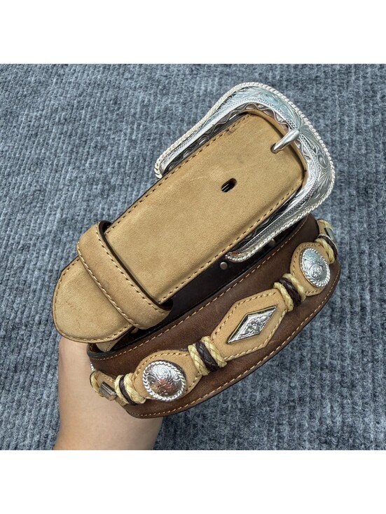 Other - Justin Belt Mens 38 Brown Leather Western Concho Studded Engraved Silver Buckle